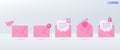 3d Pink mail envelope icon set symbol. Render email notification, play icon, heart valentine, bell, paper plane. communication