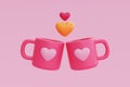 3d Pink mugs with heart-shape balloons isolated. Element decor for Valentine\'s Day, Mother\'s Day or birthday. 3d