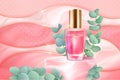 3D pink perfume bottle with luxury fragrance on pedestal among green tropical leaves