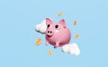 3d pink piggy bank with dollar money coins, cloud isolated on blue background. saving money concept, 3d render illustration Royalty Free Stock Photo