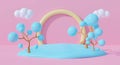 3d pink podium on pastel background abstract geometric shapes with cute rainbow. Creative ideas minimal summer cloud and tree