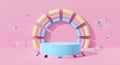3d pink podium on pastel background abstract geometric in studio scene. Cute rainbow with bubbles water. 3d render for pedestal