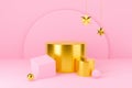 3d pink podium or pedestal for display product. Golden star Christmas and New Year on pastel background abstract. 3d rendering for