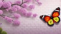 3D Pink and Purple Branches, Flowers, and Butterfly Wallpaper with Brick Texture. Royalty Free Stock Photo