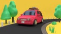 Pink-red car eco-family car style with object on country road and many tree nature,travel holiday concept 3d rendering cartoon Royalty Free Stock Photo