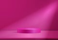3d pink red podium, room with round platform and spotlight. Display studio for product award and presentation, empty