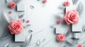 Elegant Pink Roses and Feathers on White Cubes Background Wallpaper Royalty Free Stock Photo