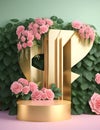 3D Pink Roses on the backgroundGold Podium Display for product presentation and green leaves wall.