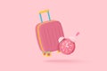 3d pink suitcases, luggage bag, cabin baggage and alarm clock. Business wait time to travel with cartoon concept, vacation