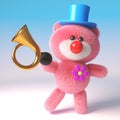 3d pink teddy bear cuddly toy dressed as a clown with red nose, top hat and old car horn, 3d illustration