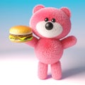 3d pink teddy bear with fluffy fur eating a cheese burger snack, 3d illustration