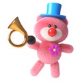 3d pink teddy bear with soft fluffy fur dressed as a clown with a red nose and old car horn, 3d illustration