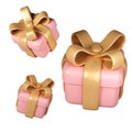 3d pink Valentines Day three gift boxes icon with golden ribbon bow on white background. Render Romantic love modern Royalty Free Stock Photo