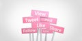 3D pink View Tweet Like Follow Post Link Share street signs illustration design on white gray background Royalty Free Stock Photo