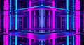 3d pink violet blue neon abstract background. Night club interior. Ultraviolet podium decoration empty room. Glowing lights.