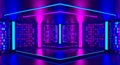 3d pink violet blue neon abstract background. Ultraviolet podium decoration empty room. Night club interior. Render