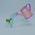 3d pink watering can isolate on blue background. Gardening tools. Sprouts are watered from a watering can. Seedlings are watered