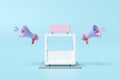 3d pink white booth shop icon or empty retail store front with shop sign, megaphone isolated on blue background. startup franchise