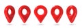 3d pins. Red map location pin in various position, GPS point. Place marker for maps, navigation pointer for app. Destination