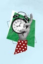 3d pinup pop retro sketch image of arm holding vintage clock showing eight oclock isolated blue color background