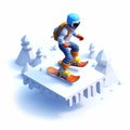 3d Pixel Cartoon Snowboarder In Isometric Style
