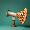3d pizza making an announcement with megaphone. Empty Copy Space for text. Generative AI