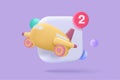 3D plane icon with notification alert speech bubble, online social conversation comment push notice cartoon concept, airplane app