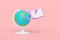 3d planet earth model, globe rotating on stand with open book, magnifying glass, pencil icon isolated on pink background.