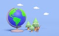 3d planet earth model, globe rotating on stand from plasticine with deer standing on pine forest, clay toy icon isolated on blue