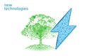 3D plant green lightning saving energy ecology concept. Polygonal light blue sprout eco electricity green energy power