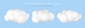 3d plastic clouds. Set of round cartoon fluffy clouds isolated on a blue background. Vector illustration