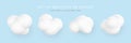 3d plastic clouds. Set of round cartoon fluffy clouds isolated on a blue background. Vector illustration