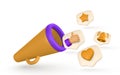 3d plastic megaphone with flying icons in bubbles in cartoon style. Vector illustration