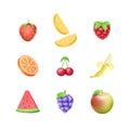 3d plasticine fruits, clay food set. Minimal nutrition nature, orange, strawberry, watermelon and banana. Strawberry