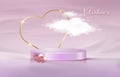 3d platform studio display Valentines Day, gold heart frame and fluffy cloud. Studio pink pedestal floor. Valentine day scene