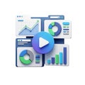 A 3D play button icon surrounded by various colorful graphs and charts on a white background Royalty Free Stock Photo