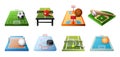 3d playgrounds for different kinds of sports icon set isolated on white background, soccer, table tennis, basketball