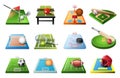 3d playgrounds with equipment for different kinds of sports isolated icon set, soccer, table tennis, basketball