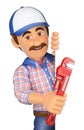 3D Plumber with a pipe wrench pointing aside. Blank space Royalty Free Stock Photo