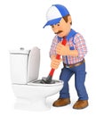 3D Plumber unclogging a toilet with a plunger Royalty Free Stock Photo