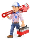 3D Plumber walking with a pipe wrench and toolbox