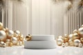 3D podium with Christmas decoration and golden crystal ball