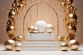 3D podium with Christmas decoration and golden crystal ball