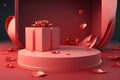 3D podium, display, background. Red, surprise, open gift box. Rose flower falling petals. AI Generated