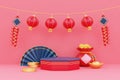 3D podium display for Chinese new year concept on red background, Chinese Festivals, Lunar, CYN 2023, 3d rendering