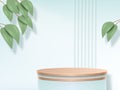 3d podium for nature cosmetic product. Wood display stand on clean white botanical scene, minimal beauty stage. Showcase