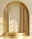 A 3D podium placed under a golden fabric curtain, creating a luxurious and sophisticated atmosphere.