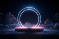 3D Podium Platform Neon Light Ring in Abstract Cloudy Sky