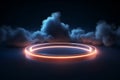 3D Podium Platform Neon Light Ring in Abstract Cloudy Sky