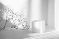 3d podium, for presentations of packaging and cosmetics. White foam cube on background of clean walls next to sprig of flowers.
